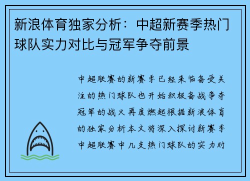 新浪体育独家分析：中超新赛季热门球队实力对比与冠军争夺前景
