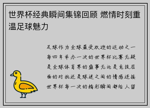 世界杯经典瞬间集锦回顾 燃情时刻重温足球魅力