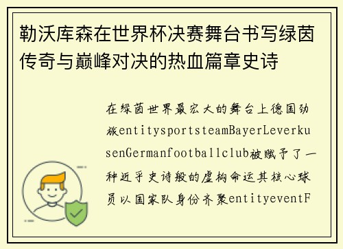勒沃库森在世界杯决赛舞台书写绿茵传奇与巅峰对决的热血篇章史诗