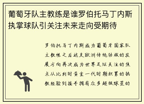 葡萄牙队主教练是谁罗伯托马丁内斯执掌球队引关注未来走向受期待 葡萄牙队主教练是谁罗伯托马丁内斯执掌球队引关注未来走向受期待